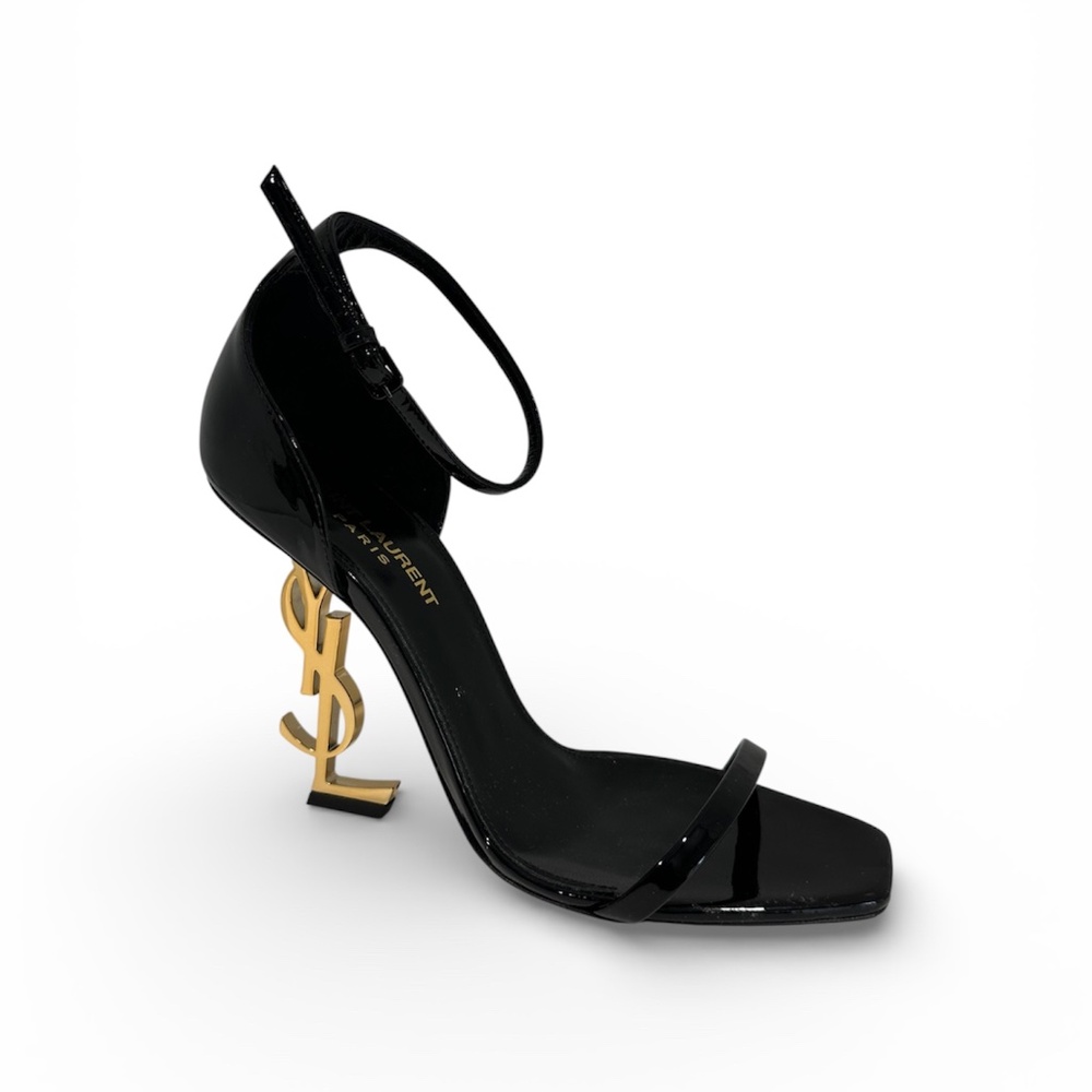 Yves Saint Laurent Black Patent Sandal with Gold Logo Heel Accent